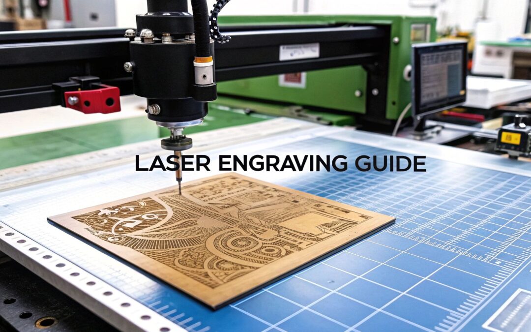 Laser engraving machine in action with engraved wood piece, featuring "LASER ENGRAVING GUIDE" text, illustrating industrial engraving services.