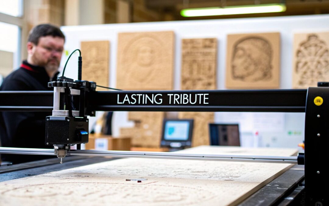 Laser engraving machine in workshop with "LASTING TRIBUTE" text, showcasing precision marking for memorial plaques and custom engraving services in Adelaide.