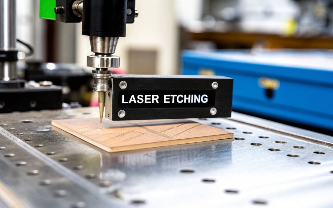 Laser etching machine in action, showcasing precision engraving on a wooden surface, highlighting laser etching technology in Adelaide.