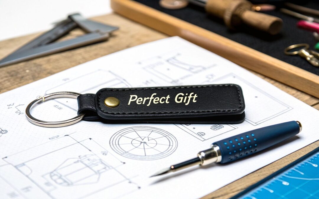 Personalized black leather keyring with "Perfect Gift" engraving, placed on design sketches and surrounded by drafting tools, symbolizing custom leather craftsmanship.