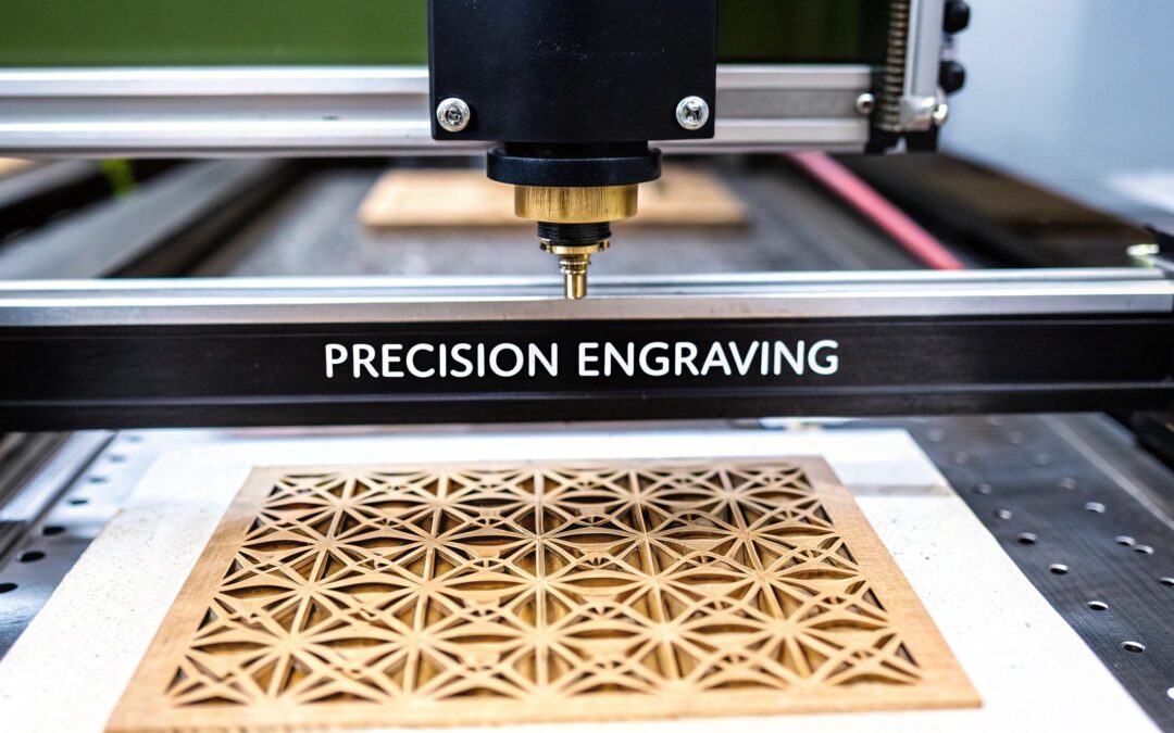 Precision engraving machine in action, featuring intricate wooden design and focused laser technology, illustrating Evright Industrial's laser engraving services.