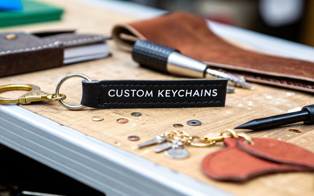 Custom leather keychain with a "CUSTOM KEYCHAINS" label on a workbench surrounded by leather tools and materials, highlighting personalized leather products.
