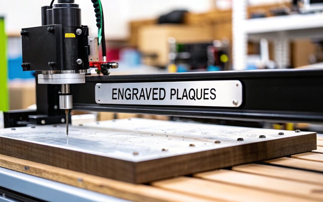 Laser engraving machine in action, focusing on engraving plaques with high precision, showcasing detailed craftsmanship and modern technology.