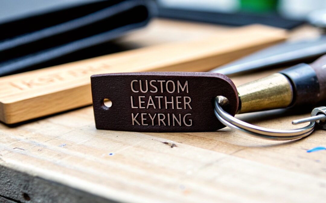 Custom leather keyring on wooden surface, emphasizing craftsmanship and personalization for bespoke leather products.