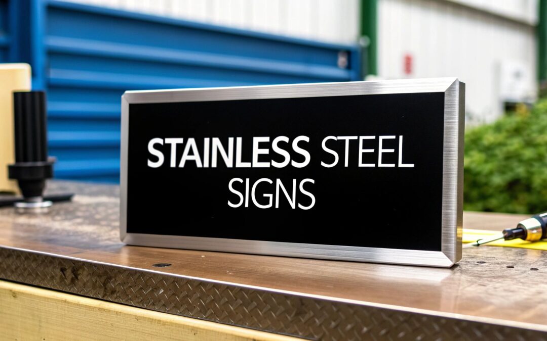 Stainless steel sign displaying "STAINLESS STEEL SIGNS" on a wooden surface, emphasizing durability and modern design, relevant to Evright Industrial's guide on signage solutions.